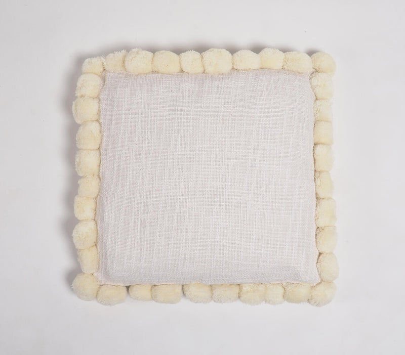 Solid Ivory Cotton Cushion Cover with Pom-Pom Border
