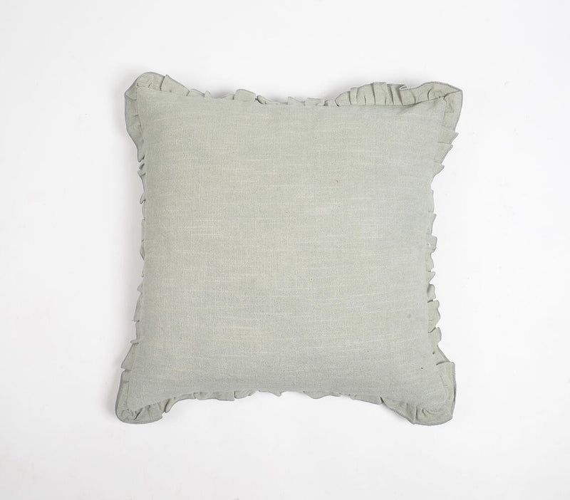 Dyed Monotone Green Cotton Cushion Cover with Ruffled Edges