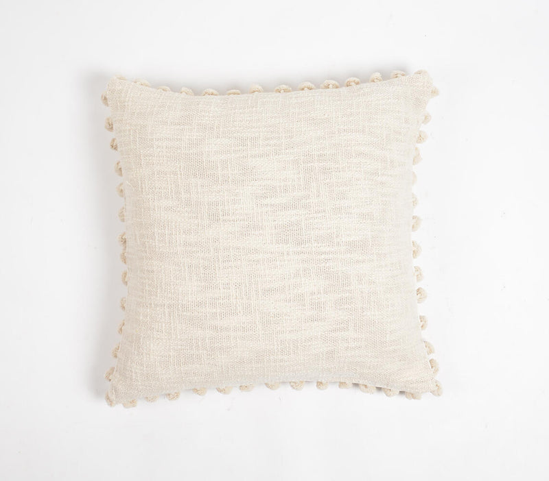 Solid Neutral Cotton Cushion Cover with Pom-Pom Border