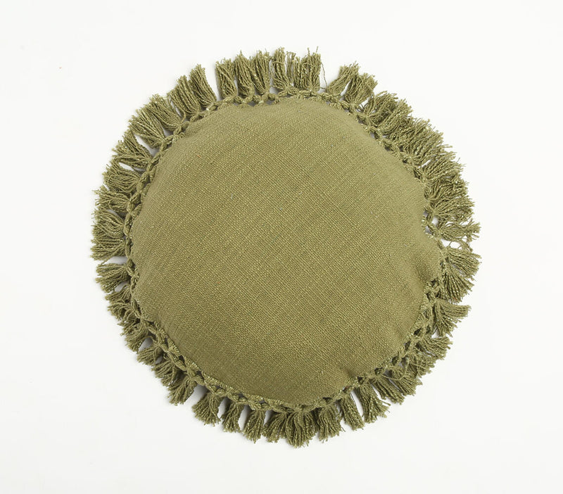 Olive Tasseled Round Cushion Cover