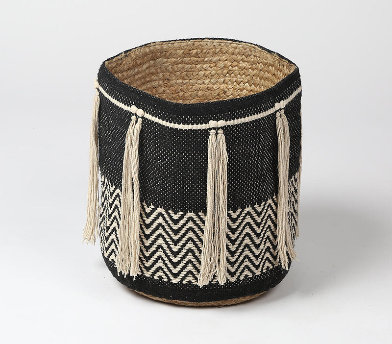 Handwoven Tasseled Black Storage Basket