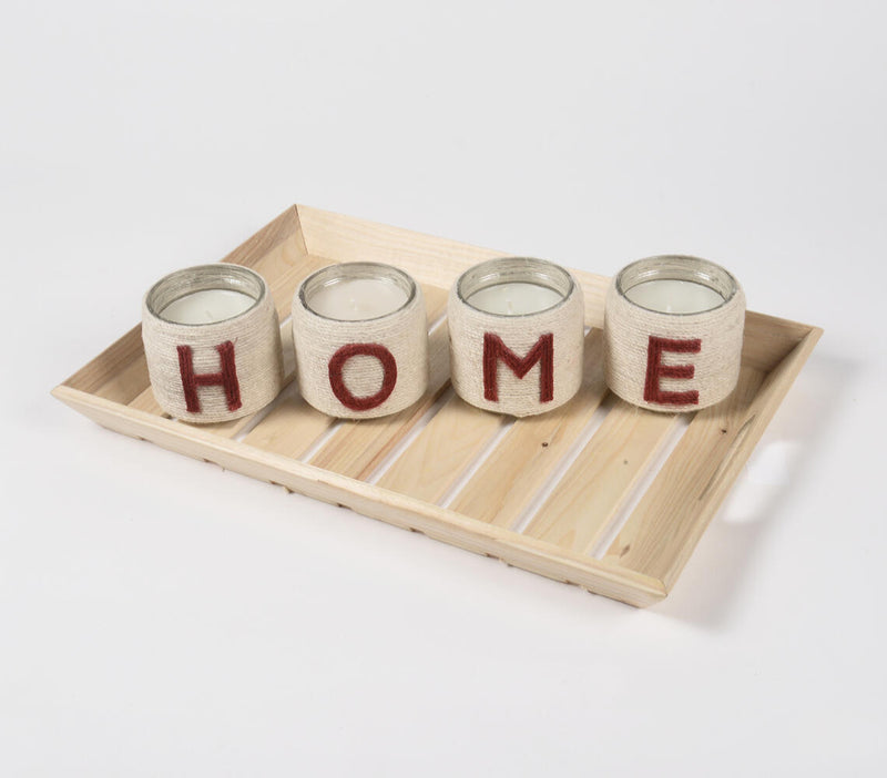 Jute Coiled 'HOME' 4 Wax Candles with Pinewood Tray