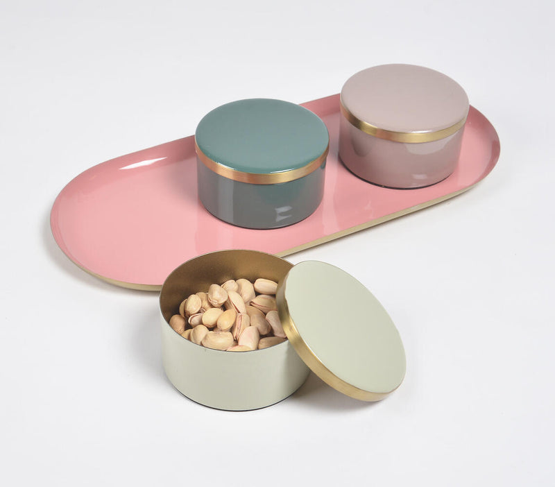 Pastel Enamelled Iron Oval Tray with 3 snack Boxes