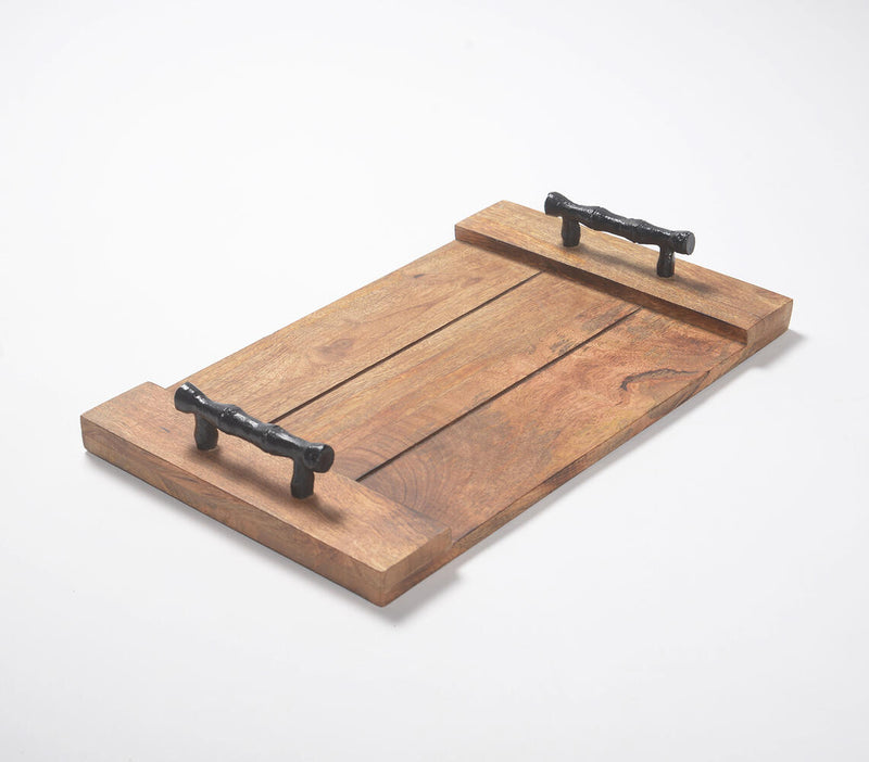 Vintage Wooden Serving Tray with Metal Handles