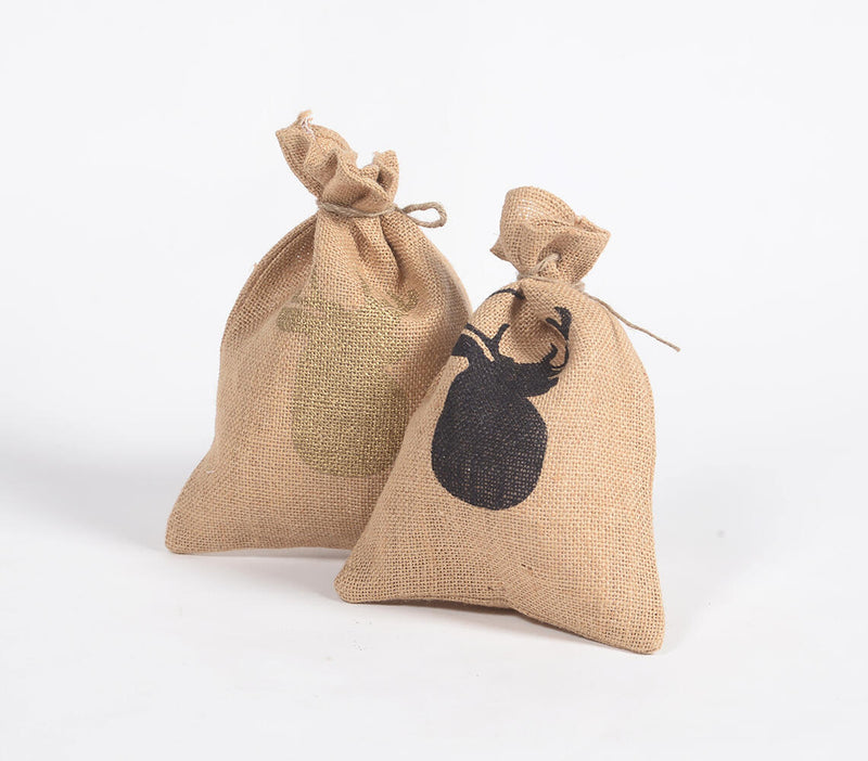 Reindeer Printed Drawstring Jute bags (set of 2)