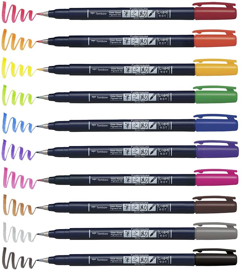 Tombow Fudenosuke Brush Pen - Hard - 10 Color Set